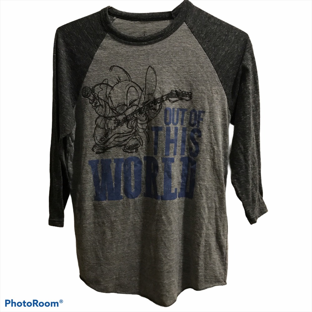 Disney Store Stitch Baseball Tee Medium Grey Excellent Raglan 3/4 Sleeve Shirt